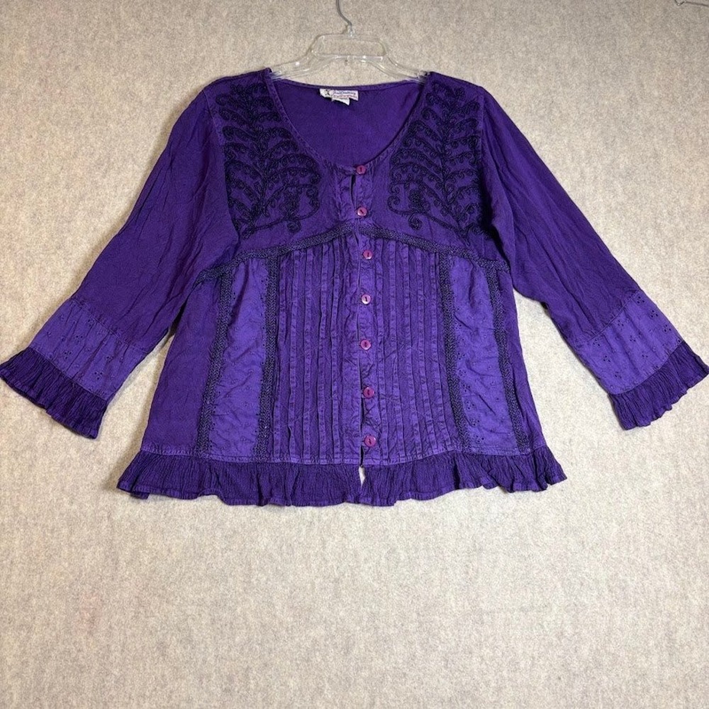 Just Cruising Blouse Wmns Free Size Purple Rayon Boho Embroidered Ruffle Vintage